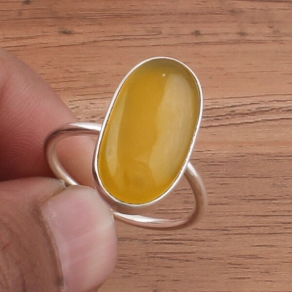 925 Sterling Silver Ring, Oval Yellow Jade Ring For Woman, Bohemian Jewelry, Simple Ring,  Long Oval Gemstone Ring For Her SEOGiftSEO