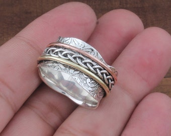 Meditation Spinner Ring, Handmade Silver Spinner Ring For Women, Three Tone Spinner Ring, Fidget Anxiety Ring, Sterling Silver Ring For Her,