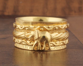 14kt Gold Plated Brass Engraved Textured Elephant Band Spinner Ring Gifts Idea For Her, Handmade Solid Gold Lucky Anxiety Ring For Women SEO