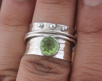 Groene Peridot Spinner Ring Vrouwen 925 Sterling Solid Silver Handgemaakte Spinner Duim Ring Angst Zilveren Ring Fidget Band Ring Etsycayber2024