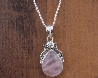 Natural Rose Quartz Gemstone Silver Pendant Solid Sterling 925 Silver Pendant Necklace Handmade Beautiful Floral Design Teardrop PendantGift