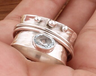 Hand Hammered Spinner Ring Blue Topaz Gemstone Ring, Fidget Anxiety Spinner Ring, Sterling Silver Ring for Women, Meditation Spinner RingSEO