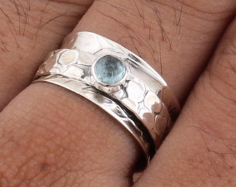 Aquamarine Ring, Spinner Ring, Sterling Silver Ring for Women, Meditation Fidget Wide Band Nature Ring, Aquamarine Gemstone Boho Worry Ring
