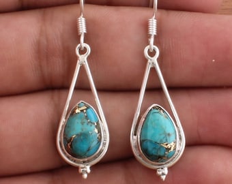 Copper Turquoise Earrings, Boho Turquoise Teardrop Earrings, 925 Sterling Silver Earrings, Gemstone Silver Earrings, Earrings For Women SEO