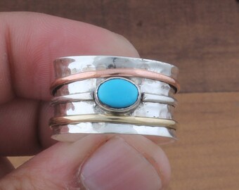 Sleeping Beauty Turquoise Gemstone Ring, Fidget Anxiety Spinner Ring, Sterling Silver Ring for Women Silver Ring, Worry Ring, valentines day