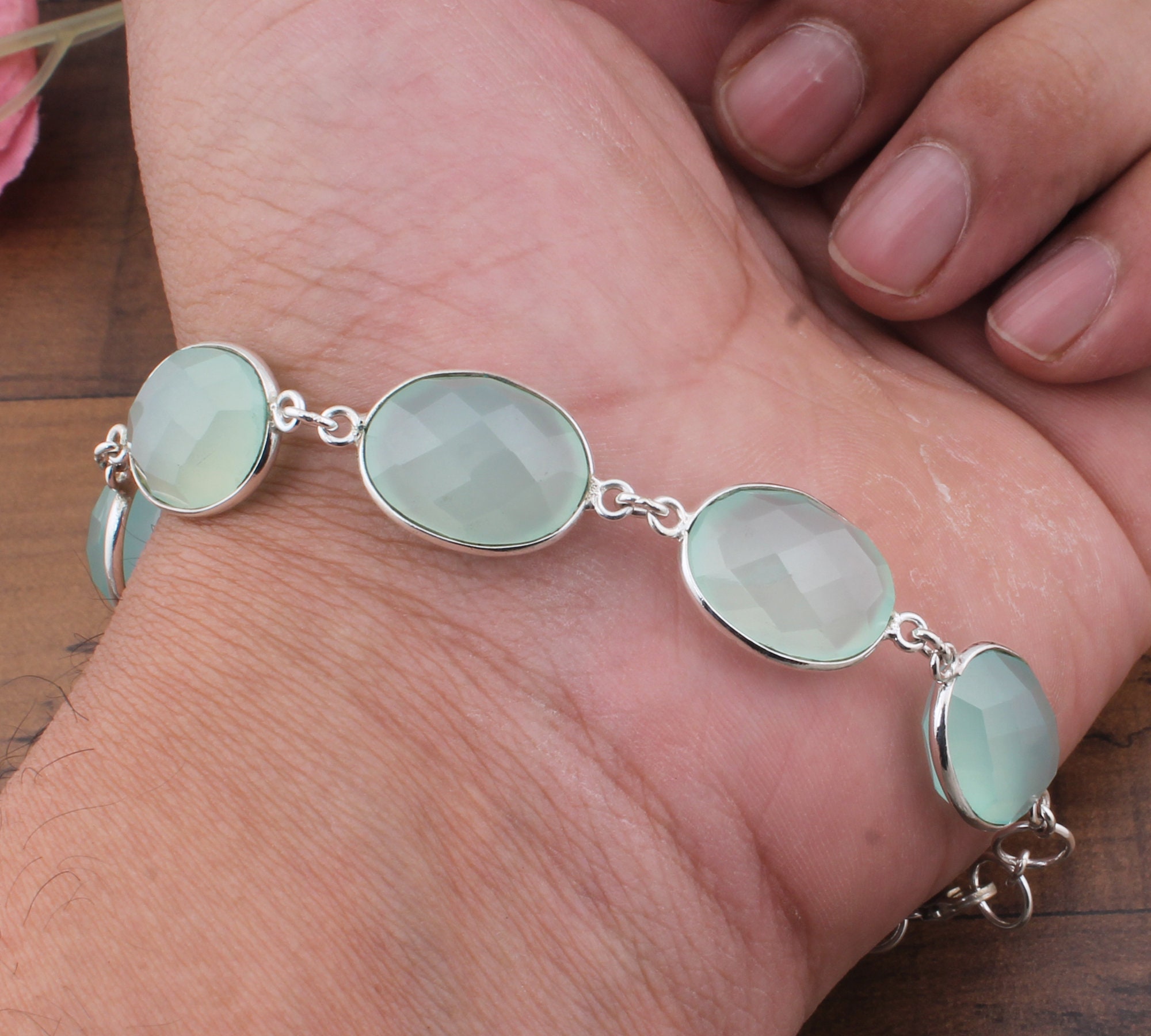 Aqua Chalcedony Gemstone Silver Bracelet 925 Sterling Silver 8