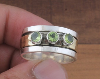 Peridot Edelsteen Spinner Ring, Tweekleurige Fidget Angst Spinner Ring, 925 Sterling Zilveren Ring voor vrouwen, Peridot Worry Spinner Ring GiftGift