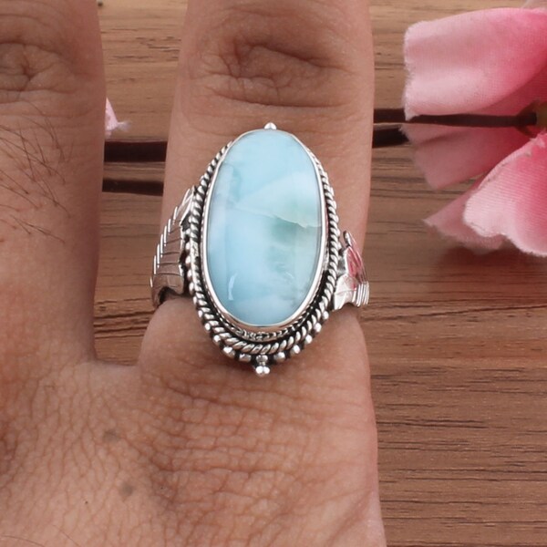 Larimar Ring, Sterling zilveren ring 925 voor vrouwen, Boho sieraden Boho, eenvoudige ring met steen, blauwe edelsteen geboortesteen SEOGiftSEO