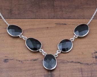925 Sterling Silver Necklace, Black Onyx Silver Necklace, 5 Onyx Gemstone Silver Necklace, Handmade Gift Healing Gemstone Jewelry Women Gift