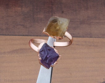 Raw Citrine & Amethyst Ring, Rose Gold Plated Ring for Women, Adjustable Ring, Boho Silver Ring with Gemstone, Raw Citrine Amethyst Ring SEO