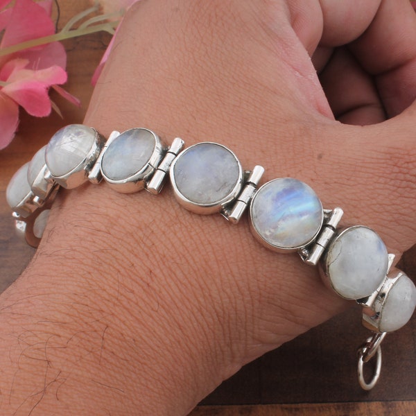 Natural Rainbow Moonstone 925 Sterling Silver Round Shape Adjustable Bracelet, Gemstone Jewelry Tennis Bracelet, Gift For Her, Gift For Love