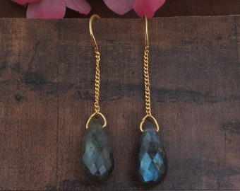 Labradorite Tear Drop Earring, Chain Threader Earrings, 14k Gold Plated Chain Earrings, Chain Dangle Drop Earrings, Chain Earrings For Her