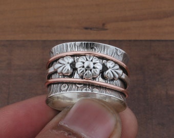 Anillo giratorio de plata sólida 925 Anillo de ansiedad fidget, Anillo de banda giratoria de plata esterlina de flores, Regalo de joyería boho Cyber 2023 Más vendido 2022