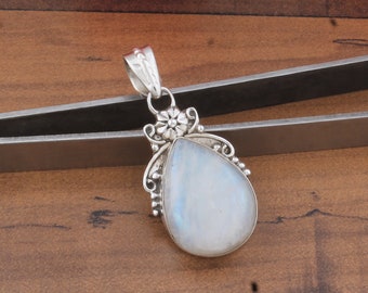 Natural Rainbow Moonstone Silver Pendant Solid 925 Sterling Silver Pendant Necklace Beautiful Handmade Floral Design Teardrop Shape Pendant