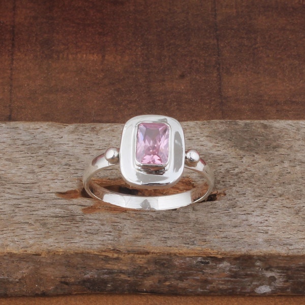 Pink Zircon Ring, 925 Sterling Silver Ring, CZ Ring, Pink Stone Ring, Gift ring for Her, Pink Cubic Zirconia Signet Ring, Smooth Band Ring..