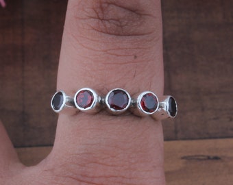 Natural Red Garnet Ring, Four Gemstone Ring, 925 Solid Sterling Silver Rings, Silver Garnet Ring, Round Garnet Ring, Handmade Ring For Women