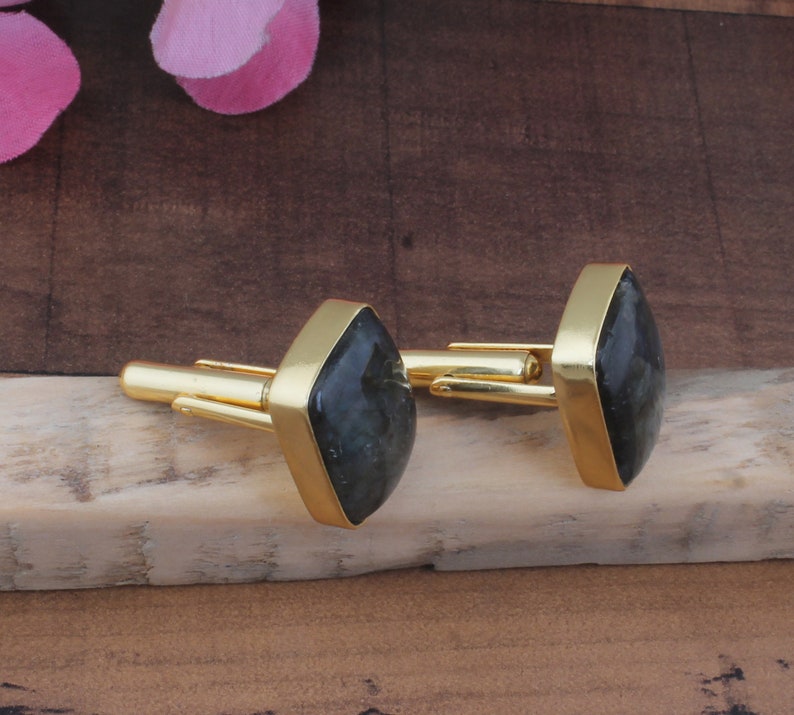 Beautiful natural blue labradorite cufflinks, 14k Gold Plated Brass Husband Cufflinks For Best Friends, Handmade Cufflinks For Him Gifts SEO imagen 3