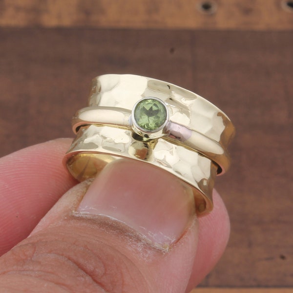 Peridot Gemstone Spinner Ring, Gold Plated Brass Fidget Anxiety Spinner Ring, Peridot Band For Women, Peridot Stone Worry Spinner Ring Gift