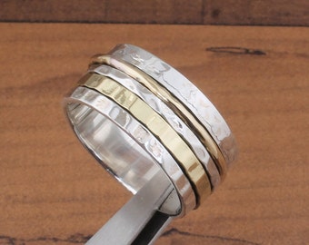 Solide 925 sterling zilver gehamerd getextureerde spinner ring cadeaus voor haar, handgemaakte tweekleurige zilveren fidget zorgen angst ring voor vrouwen sieraden