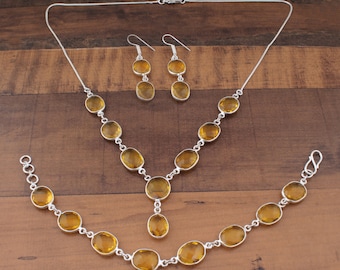 Parure de bijoux en argent avec pierres précieuses à facettes et quartz citrine Belle parure de bijoux en argent sterling 925 fait main Ensemble de 3 bijoux en argent cadeau