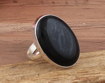 Black Onyx Gemstone Ring for Women, Big Oval Stone Sterling Silver Ring, Boho Ring, Genuine Black Onyx Stone Ring Gift Jewelry SEOGiftSEO