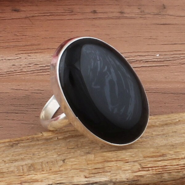 Black Onyx Gemstone Ring for Women, Big Oval Stone Sterling Silver Ring, Boho Ring, Genuine Black Onyx Stone Ring Gift Jewelry SEOGiftSEO