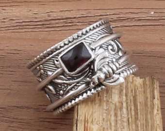 Natural Red Garnet Solid 925 Sterling Silver Spinner Ring For Women, Handmade Silver Honey Bee Garnet Ring For Wedding Anniversary Gift Idea