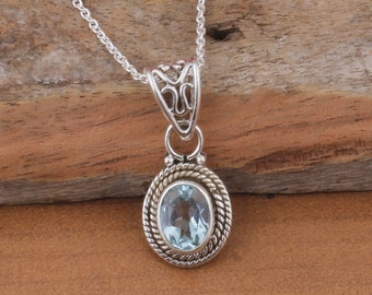 Colgante de plata de topacio azul, plata de ley 925, piedra preciosa de topacio azul genuina natural, colgante de piedra preciosa de alambre retorcido hecho a mano, regalo de joyería para mujeres