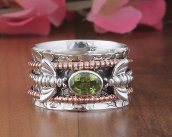 Natuurlijke Peridot Edelsteen Zilveren Spinner Ring, 925 Sterling Zilveren Spinner Ring, Two Tone Designer Spinner, Twee Honey Bee Spinner Ring, Boho.