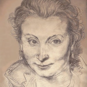 Könnte beinhalten: Eine Schwarzweiß-Bleistiftzeichnung einer Frau mit ernstem Gesichtsausdruck. Die Frau hat ihr Haar nach hinten gebunden und trägt ein Kleidungsstück mit hohem Kragen. Die Zeichnung ist unten links mit "Rubens' Study of the Air" signiert.