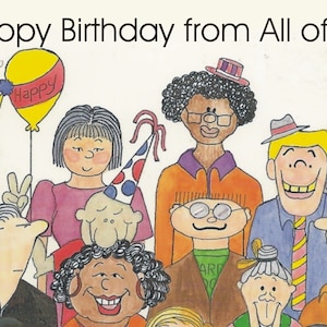 Divertida tarjeta de felicitación de "FELIZ CUMPLEAÑOS" de parte de todos nosotros con sobre