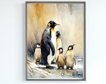 Acquerello della famiglia dei pinguini / Arte digitale / Arte da parete stampabile / Decorazione domestica / Arte da parete