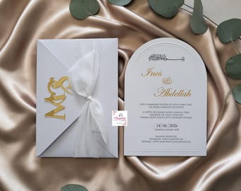 Arch Wedding Invitation Gold Foil, Minimalist Suite, Chiffon Ribbon, Custom Envelope