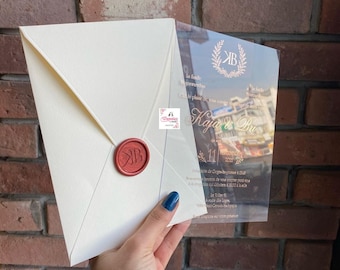 Invitación de boda acrílica: sello de lacre personalizado, sobre crema