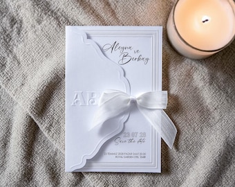 Luxury Embossed Wedding Invitation, Textured Paper, Wavy Edges, Organza Ribbon Card