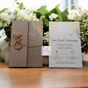 Düğün Davetiyesi, Altın Varak Baskı, Bej Davetiye, Karten, fairepart