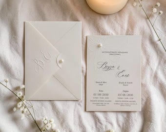 Embossed Floral Wedding Invitation Suite with Pearl Detail, Cream Monogram Envelope Set