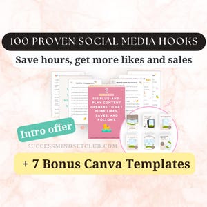 Op de afbeelding: Afbeelding met een roze boek met de titel "100 Plug-and-Play Content Openers to Get More Likes, Saves, and Follows." De tekst "100 Proven Social Media Hooks" en "Save hours, get more likes and sales" worden weergegeven. De afbeelding bevat ook de tekst "Intro offer" en "+ 7 Bonus Canva Templates."