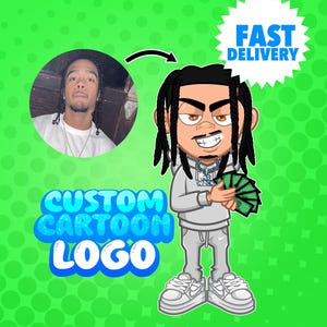 Puede incluir: Un diseño de logotipo de dibujos animados personalizado con un retrato de una persona junto a una versión de dibujos animados de la misma persona. El personaje de dibujos animados sostiene dinero y lleva una sudadera con capucha y pantalones grises. Las palabras "Custom Cartoon Logo" y "Fast Delivery" también están en la imagen.