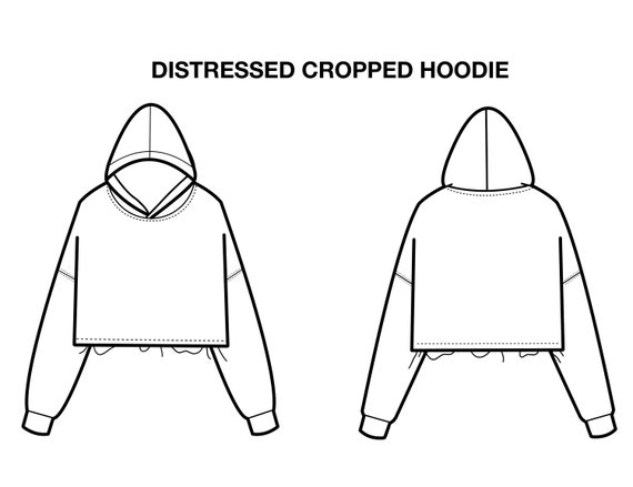 Distressed Cropped Hoodie Flat Technical Drawing Illustration