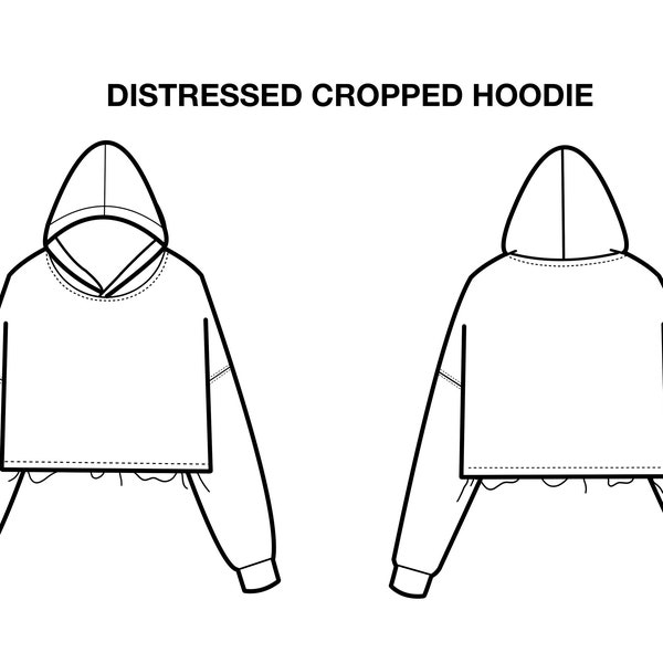 Distressed Cropped Hoodie Flat Technical Drawing Illustration Blank Streetwear Mock-up Template for Design and Tech Packs