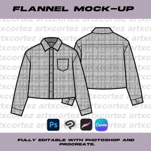 Könnte beinhalten: Digitaler Mockup eines grauen Flanellhemdes, Vorder- und Rückansicht, mit kurzem Design. Das Hemd hat ein klassisches Karomuster, eine Knopfleiste vorne und eine einzelne Brusttasche. Der Text oben lautet "FLANNEL MOCK-UP". Der Text unten lautet "FULLY EDITABLE WITH PHOTOSHOP AND PROCREATE."