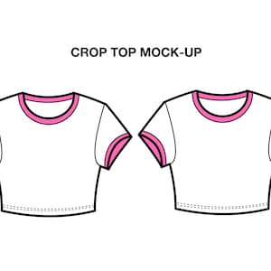 May include: A white crop top with pink trim around the neckline and sleeves. The top has a short, fitted style and a mock-up design.