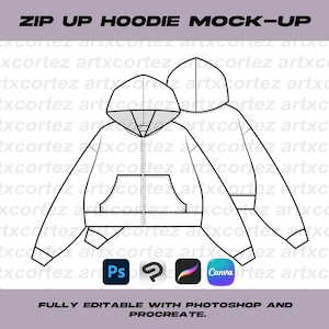 May include: Line drawing of a zip-up hoodie mock-up. The design includes a hood, front pocket, and zipper. The text "ZIP UP HOODIE MOCK-UP" is at the top. The bottom text reads "FULLY EDITABLE WITH PHOTOSHOP AND PROCREATE."