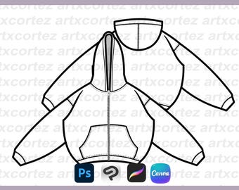 May include: Line drawing of an oversized zip-up hoodie mock-up. The design includes a hood, front pocket, and a full zipper. The image also features the logos for Photoshop, Clip Studio Paint, Procreate, and Canva. Text reads: "FULLY EDITABLE WITH PHOTOSHOP AND PROCREATE."