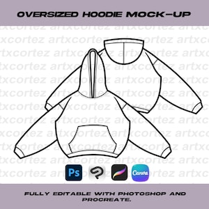 May include: Line drawing of an oversized hoodie mock-up. The design features a hood, front pocket, and long sleeves. The text "OVERSIZED HOODIE MOCK-UP" is at the top. The bottom text reads "FULLY EDITABLE WITH PHOTOSHOP AND PROCREATE."