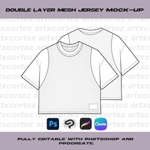 May include: A white double-layer mesh jersey mock-up. The design features a crew neck and short sleeves. The image includes the text "DOUBLE LAYER MESH JERSEY MOCK-UP" and icons for Photoshop, Procreate, and Canva.