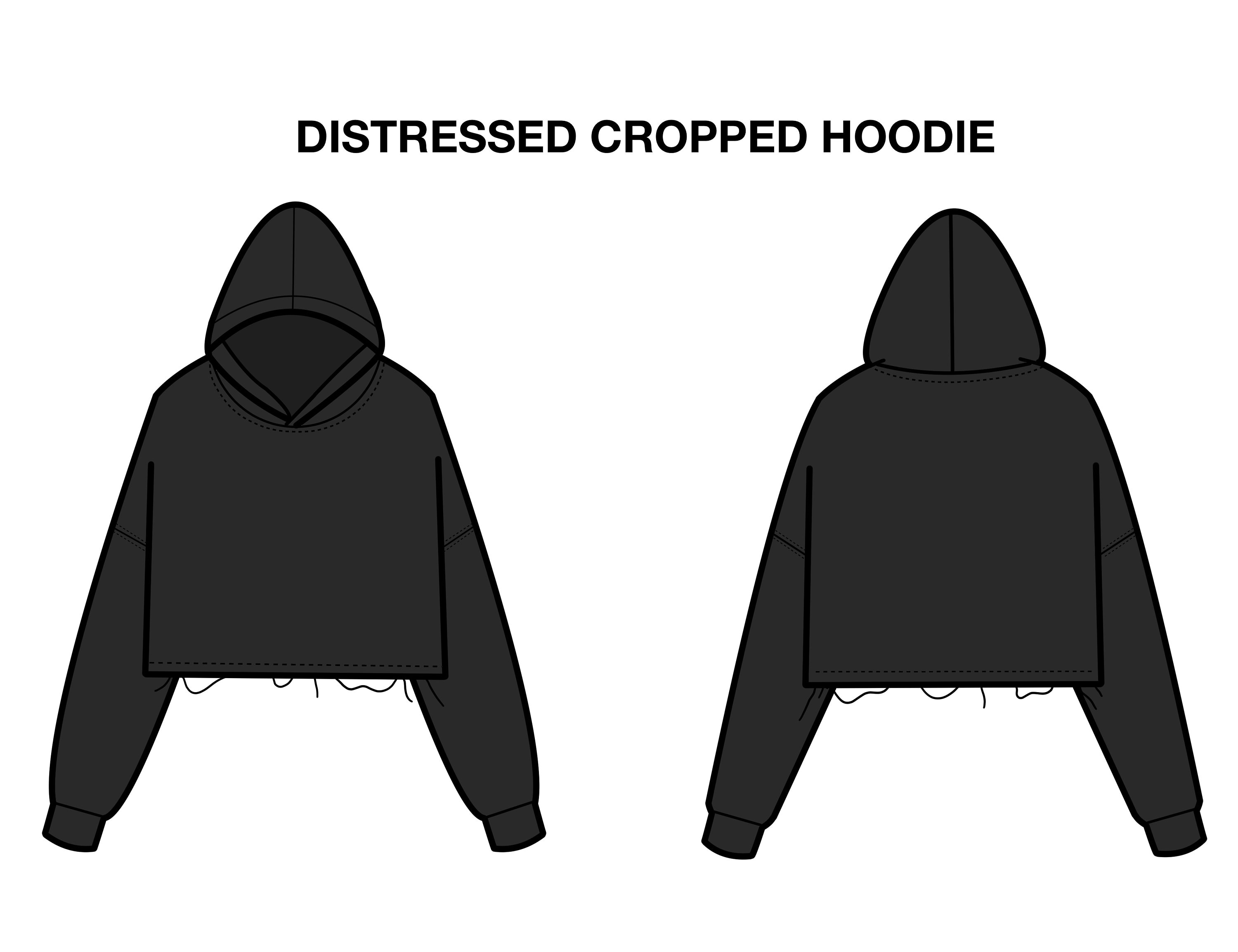 Distressed Cropped Hoodie Flat Technical Drawing Illustration Blank Distressed Cropped Hoodie Flat Technical Drawing Illustration Blank