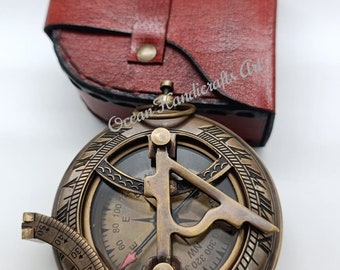 Personalisierte Gravur Messing Sonnenuhr Kompass mit Ledertasche, Bronze Sonnenuhr Jahrestag, Verlobung, Geburtstag, Taufe, Hochzeitsgeschenk,