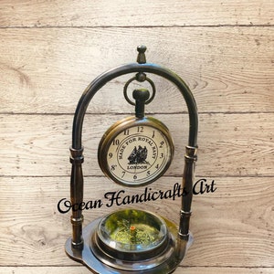 Engraved Personalized Brass Desk Clock With Compass, Handmade Brass Table Clock Gift For Wedding, Anniversary, Engagement & Christmas